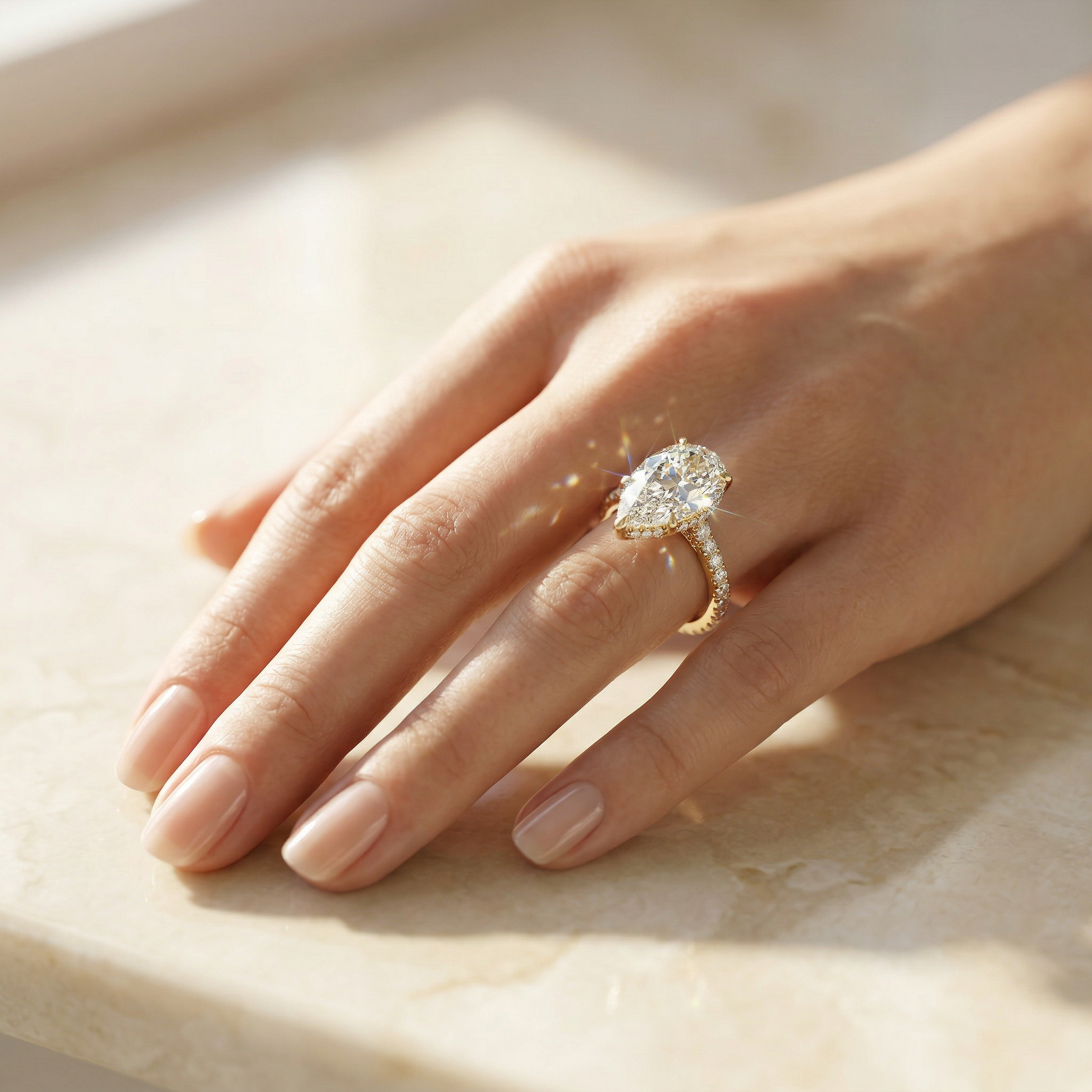 3 Carat E VVS Pear Cut Hidden Halo Lab Grown Diamond Engagement Ring