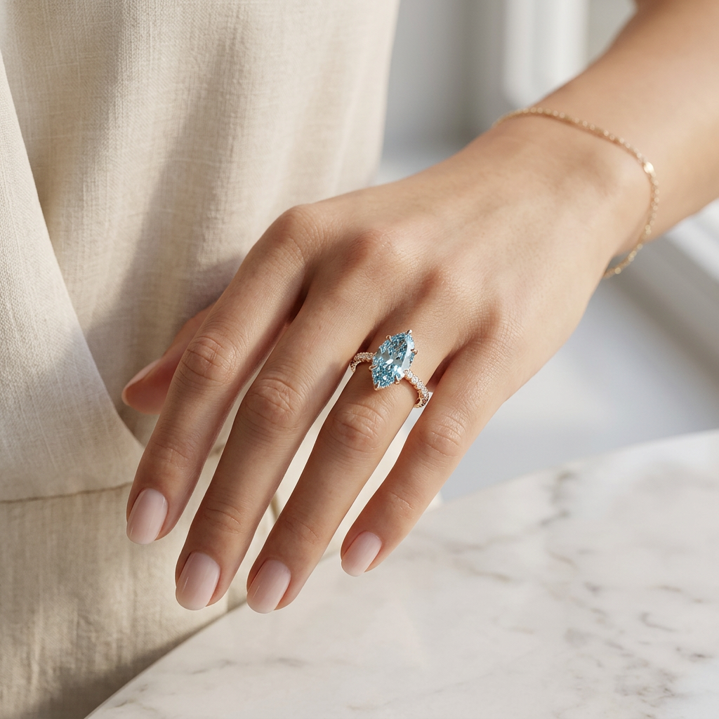3 Carat Fancy Blue Marquise Hidden Halo Lab Grown Diamond Engagement Ring