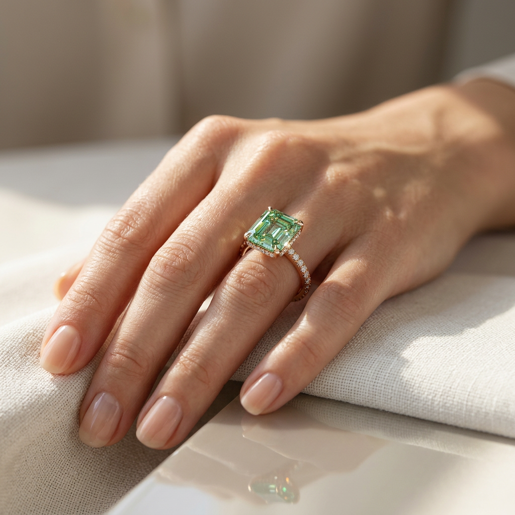 Lab-Grown Green Asscher-Cut Diamond Halo Engagement Ring | 3.5 CT