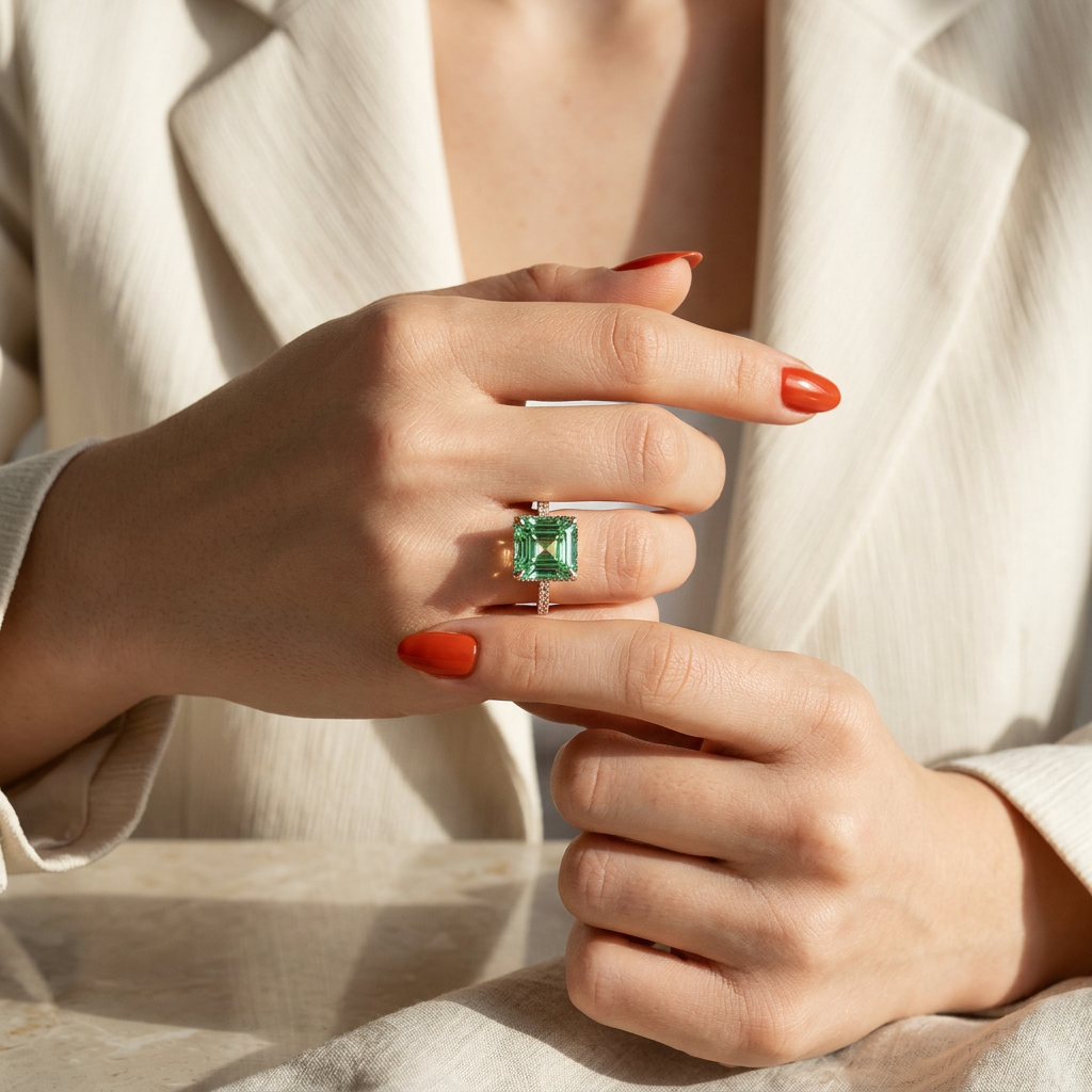 Lab-Grown Green Asscher-Cut Diamond Halo Engagement Ring | 3.5 CT