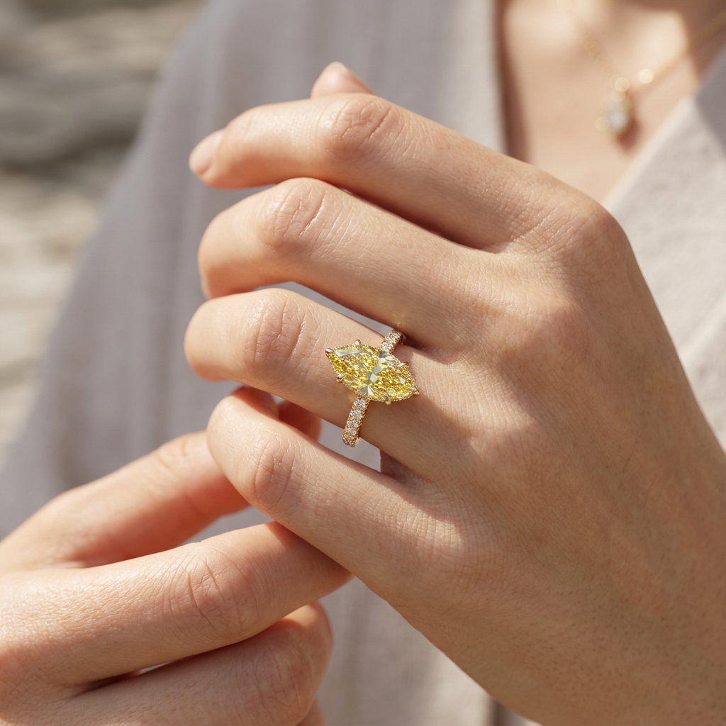 3 Carat Fancy Yellow Marquise Hidden Halo Lab Grown Diamond Engagement Ring