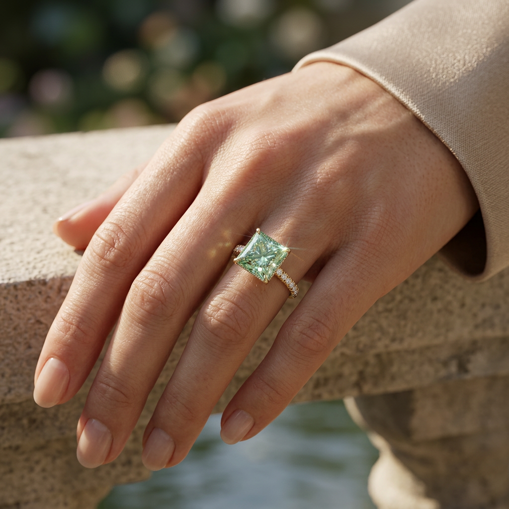 3 Carat Fancy Green Princess Cut Hidden Halo Lab Grown Diamond Engagement Ring