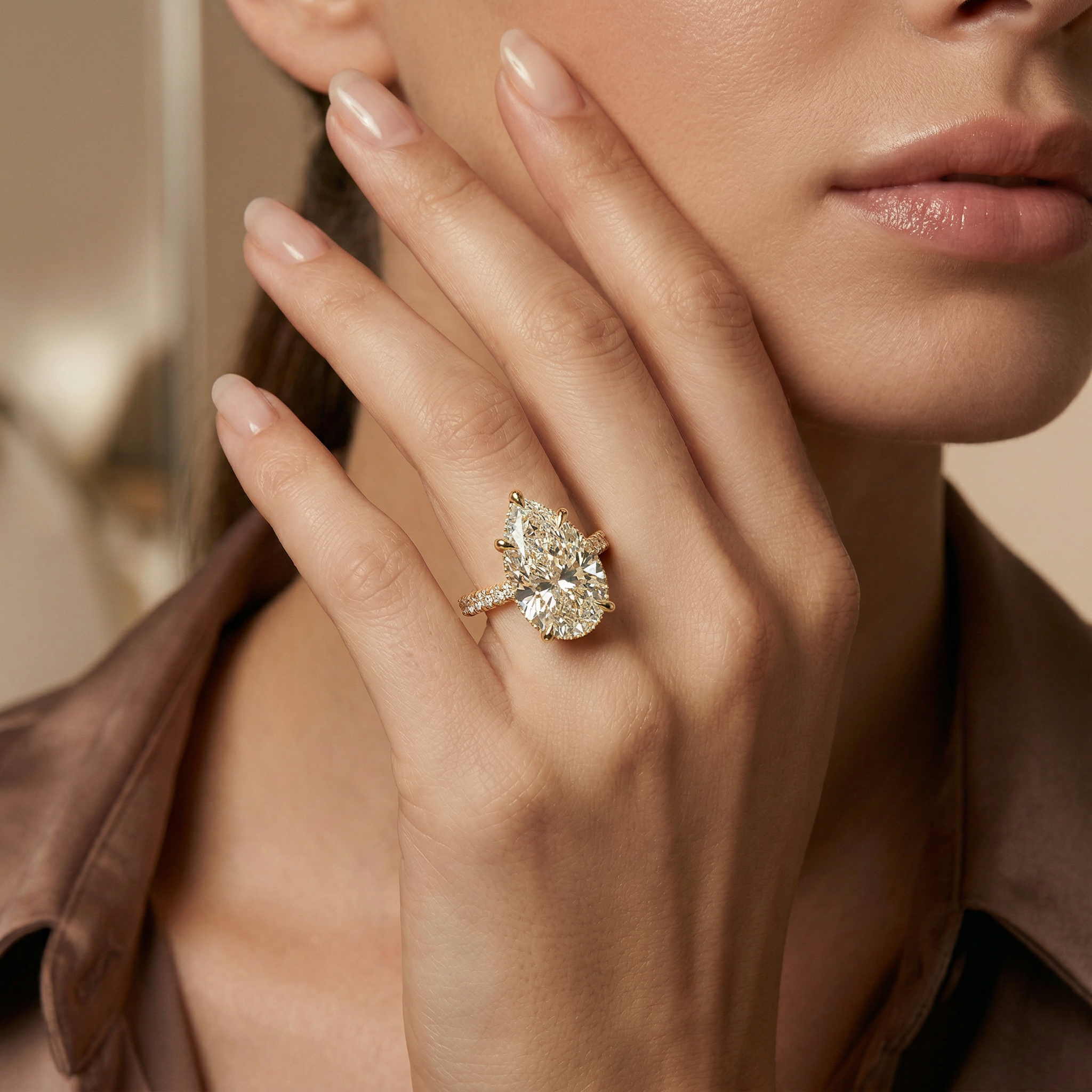 3 Carat E VVS Pear Cut Hidden Halo Lab Grown Diamond Engagement Ring