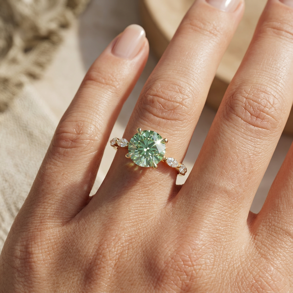 2 Carat Fancy Green Round Cut Hidden Halo Lab Grown Diamond Engagement Ring