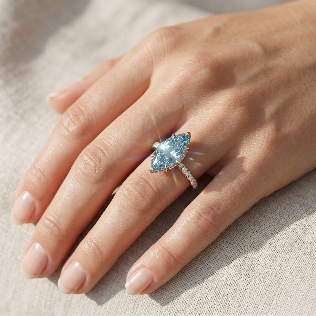 3 Carat Fancy Blue Marquise Hidden Halo Lab Grown Diamond Engagement Ring