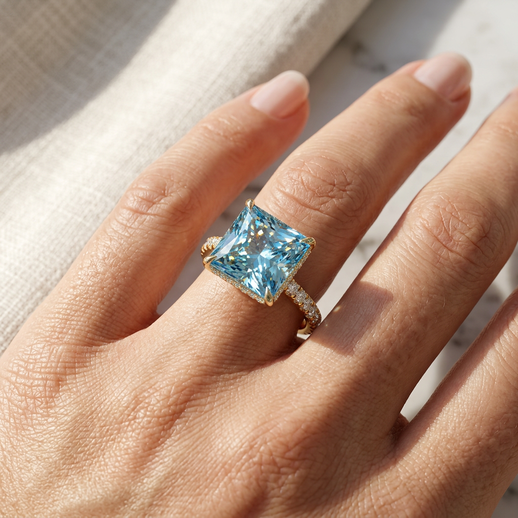 3 Carat Fancy Blue Princess Cut Hidden Halo Lab Grown Diamond Engagement Ring