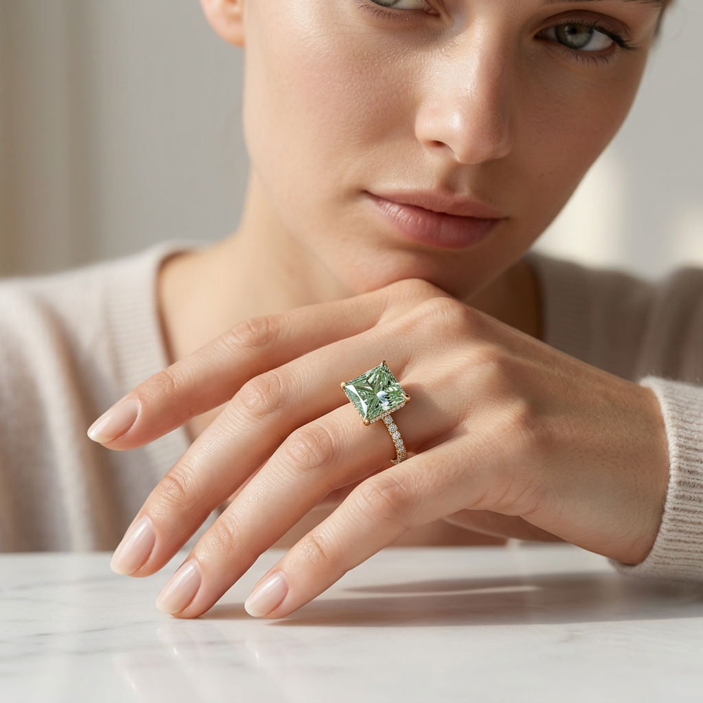 3 Carat Fancy Green Princess Cut Hidden Halo Lab Grown Diamond Engagement Ring