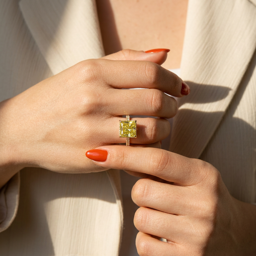 3 Carat Fancy Yellow Princess Cut Hidden Halo Lab Grown Diamond Engagement Ring