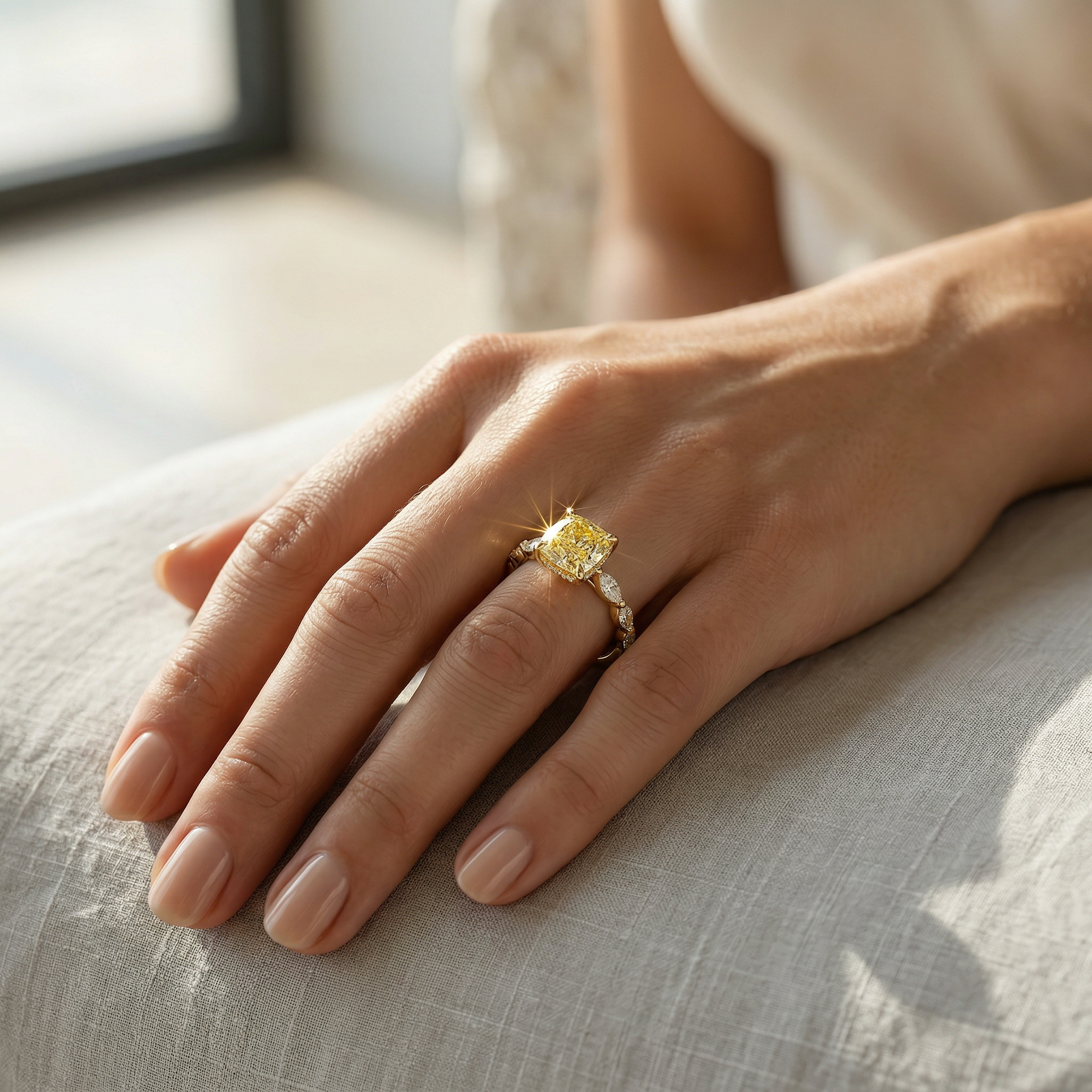 2 Carat Fancy Yellow Cushion Cut Hidden Halo Lab Grown Diamond Engagement Ring