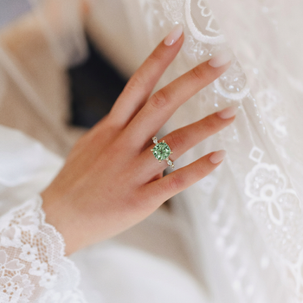 2 Carat Fancy Green Cushion Cut Hidden Halo Lab Grown Diamond Engagement Ring