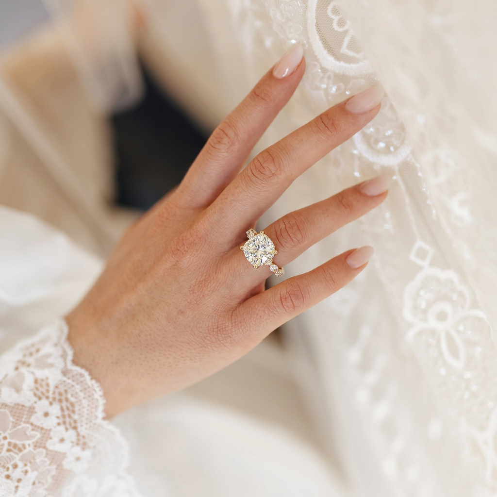 2 Carat E VVS Cushion Cut Hidden Halo Lab Grown Diamond Engagement Ring