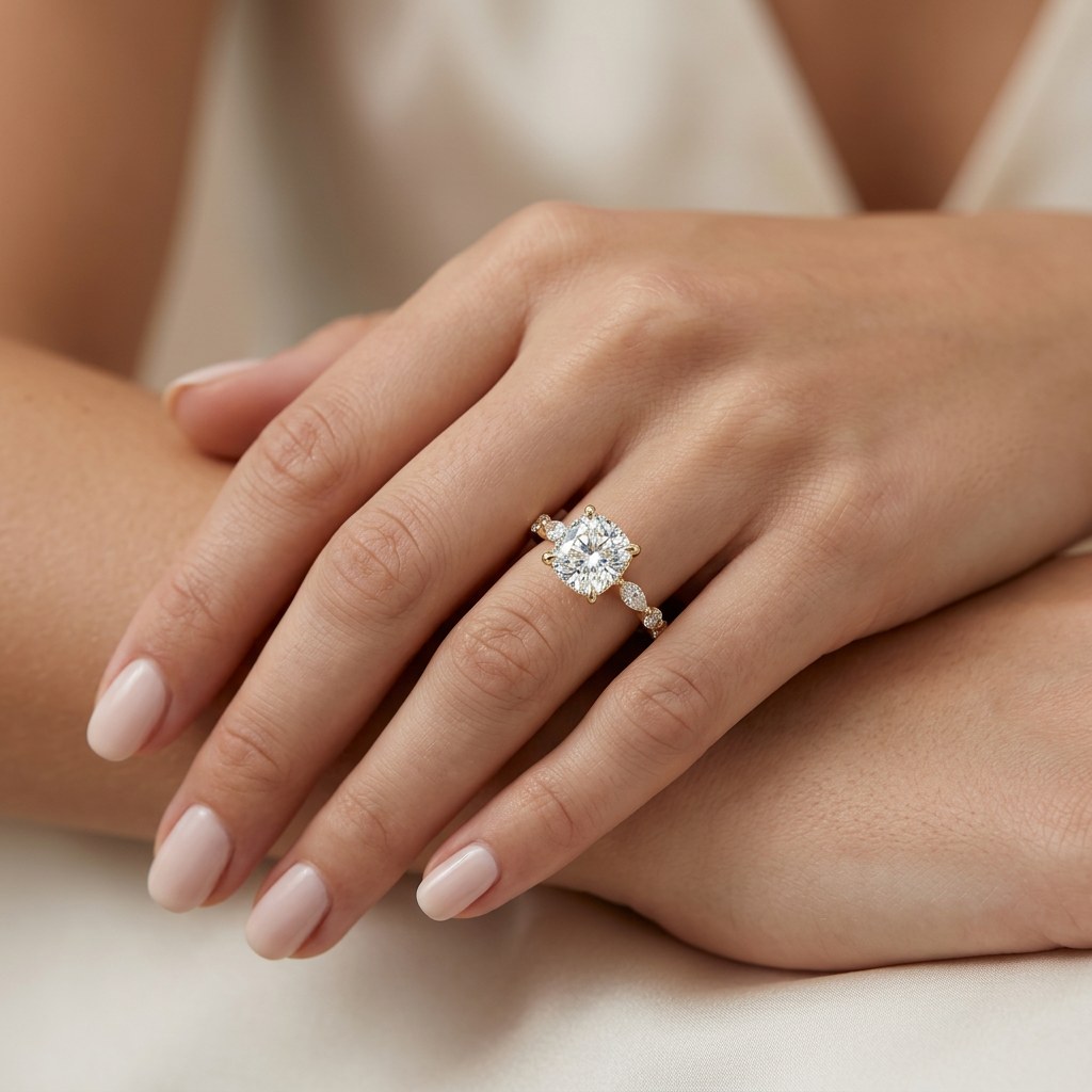 2 Carat E VVS Cushion Cut Hidden Halo Lab Grown Diamond Engagement Ring