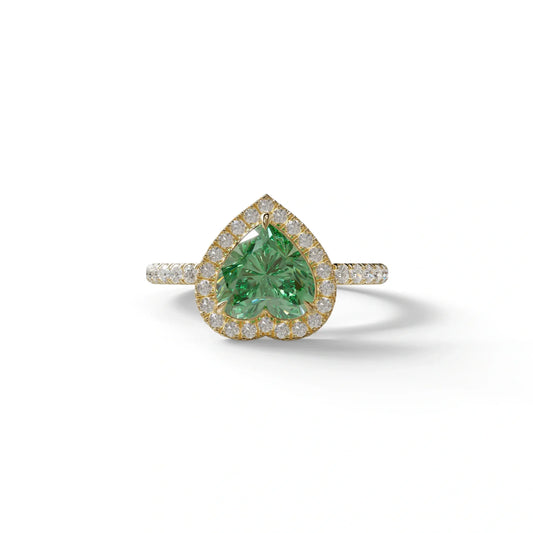 Green Heart Cut Halo & Pavé Lab Grown Diamond Engagement Ring - Gelia - 2 Carat / 10K Solid Gold / Yellow Gold