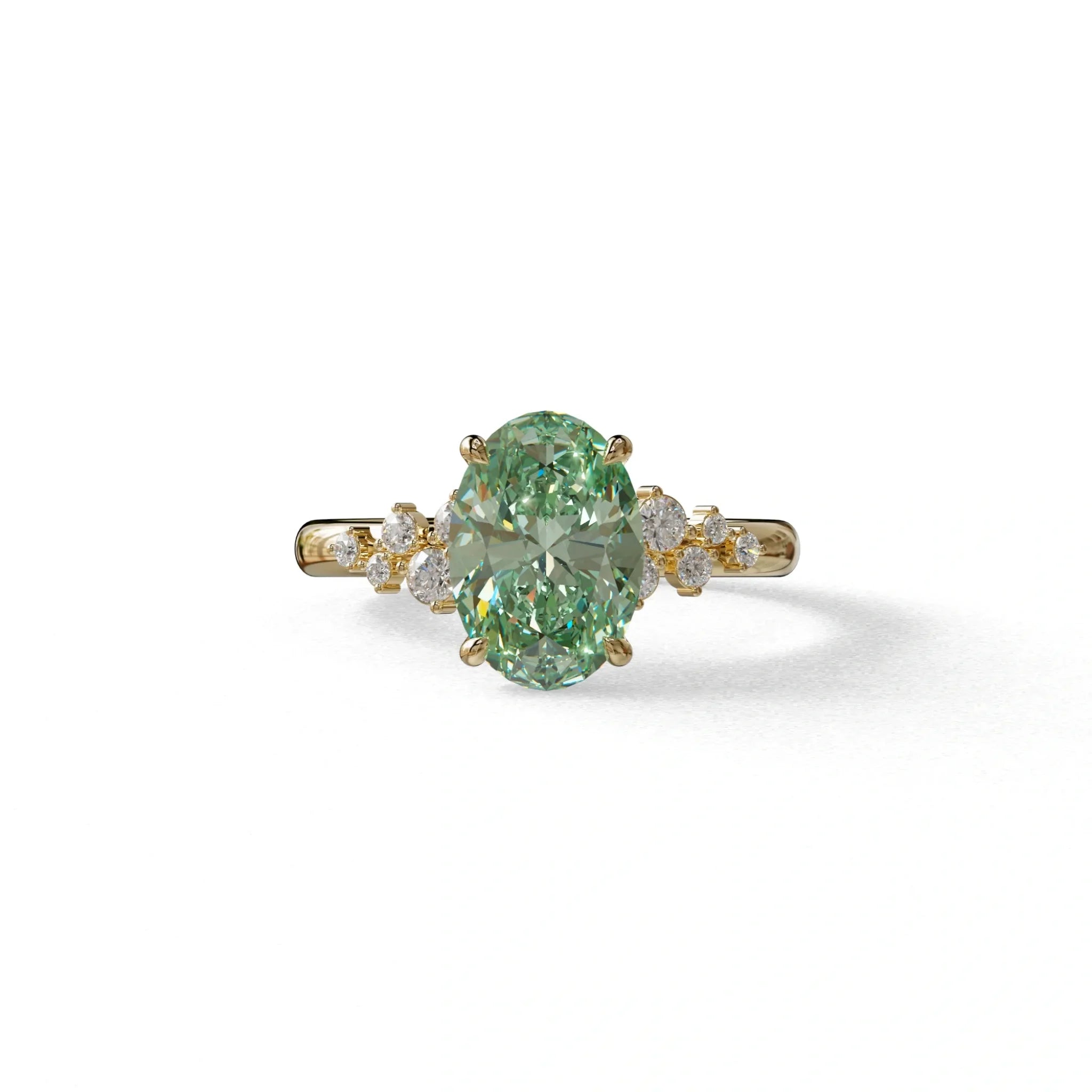 Green Oval Cut Cluster-Vintage Setting Lab Grown Diamond Ring - Celeste Arc - 2 Carat / 10K Solid Gold / Yellow Gold