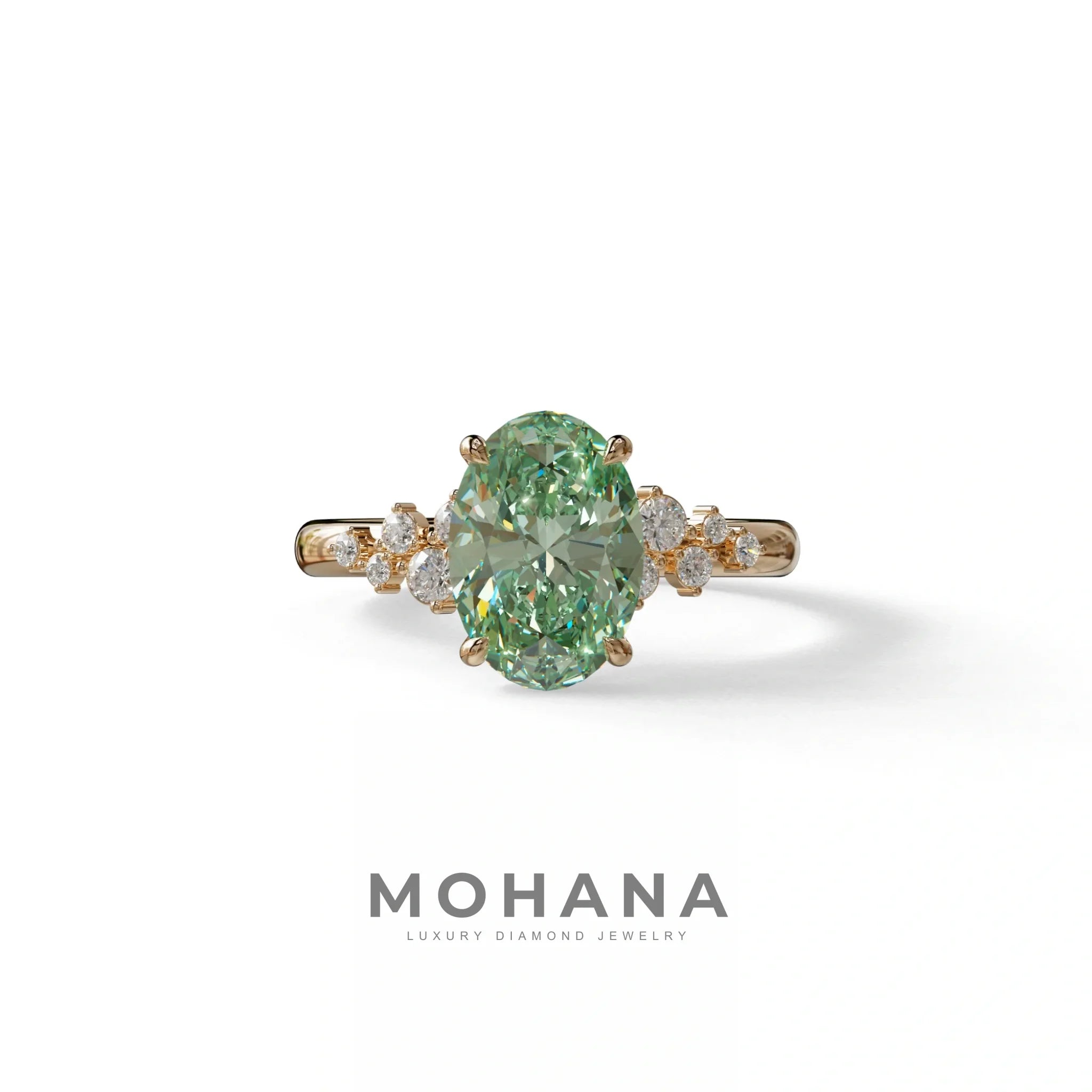 Green Oval Cut Cluster-Vintage Setting Lab Grown Diamond Ring - Celeste Arc - 2 Carat / 10K Solid Gold / Rose Gold