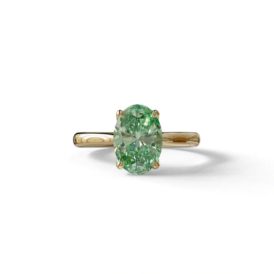 Green Oval Cut Hidden Diamond Solitaire Lab Grown Diamond Ring - Secrecy - 2 Carat / 10K Solid Gold / Yellow Gold