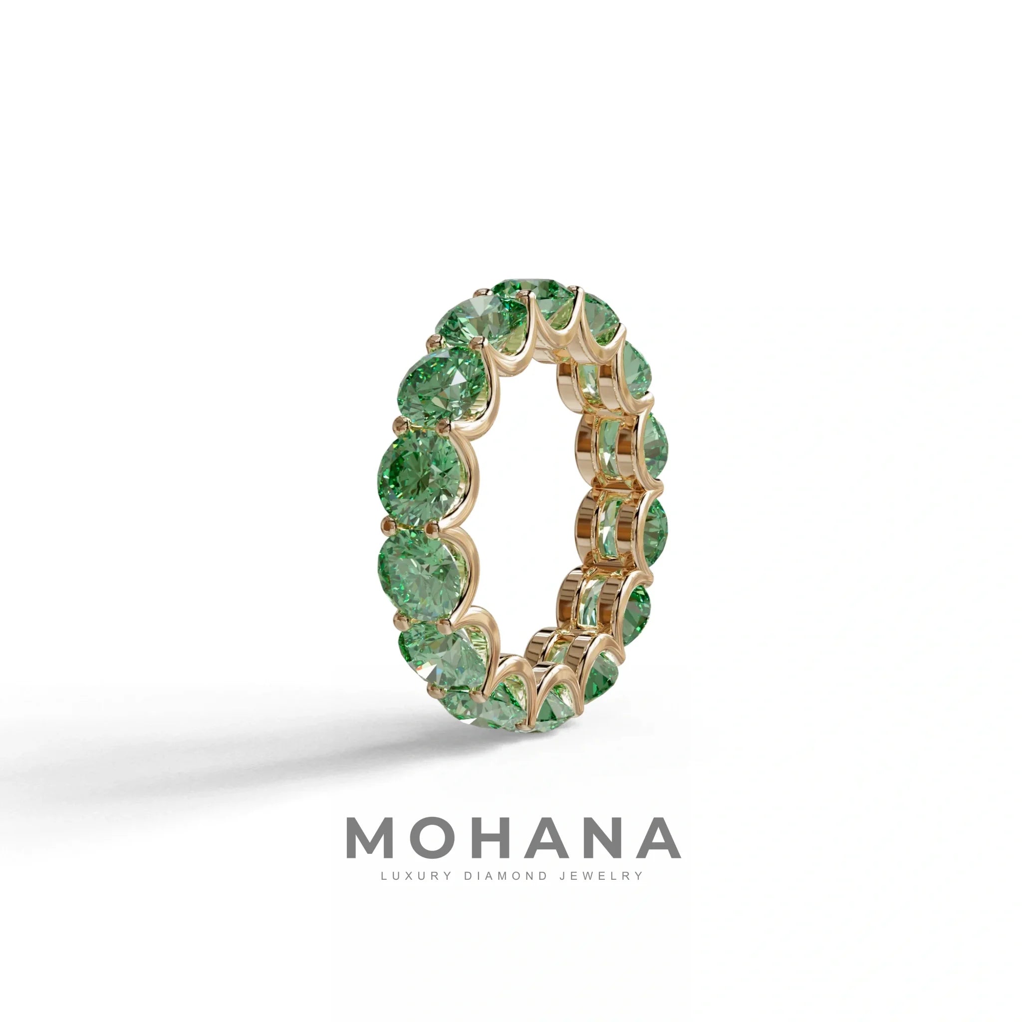 Green Round Brilliant Diamond Full Eternity Band in 18k Yellow Gold – Scalloped U-Prong Setting