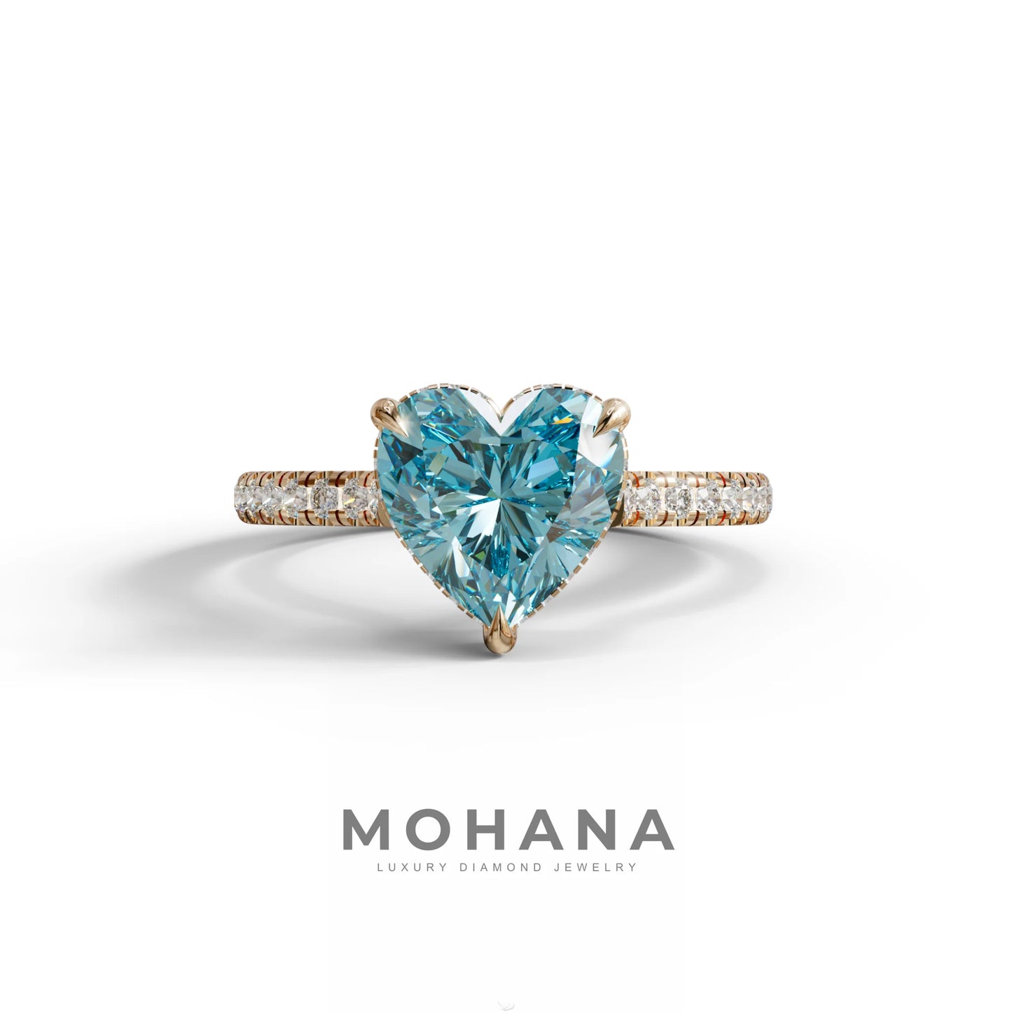 Heart Shaped Blue Diamond Engagement Ring – Lab Grown Pavé Solitaire in 14K Gold - 10K Solid Gold / Rose Gold