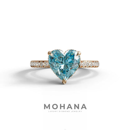 Heart Shaped Blue Diamond Engagement Ring – Lab Grown Pavé Solitaire in 14K Gold - 10K Solid Gold / Rose Gold