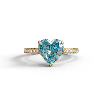 Heart Shaped Blue Diamond Engagement Ring – Lab Grown Pavé Solitaire in 14K Gold - 10K Solid Gold / Yellow Gold