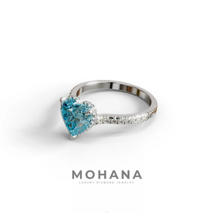Heart Shaped Blue Diamond Engagement Ring – Lab Grown Pavé Solitaire in 14K Gold