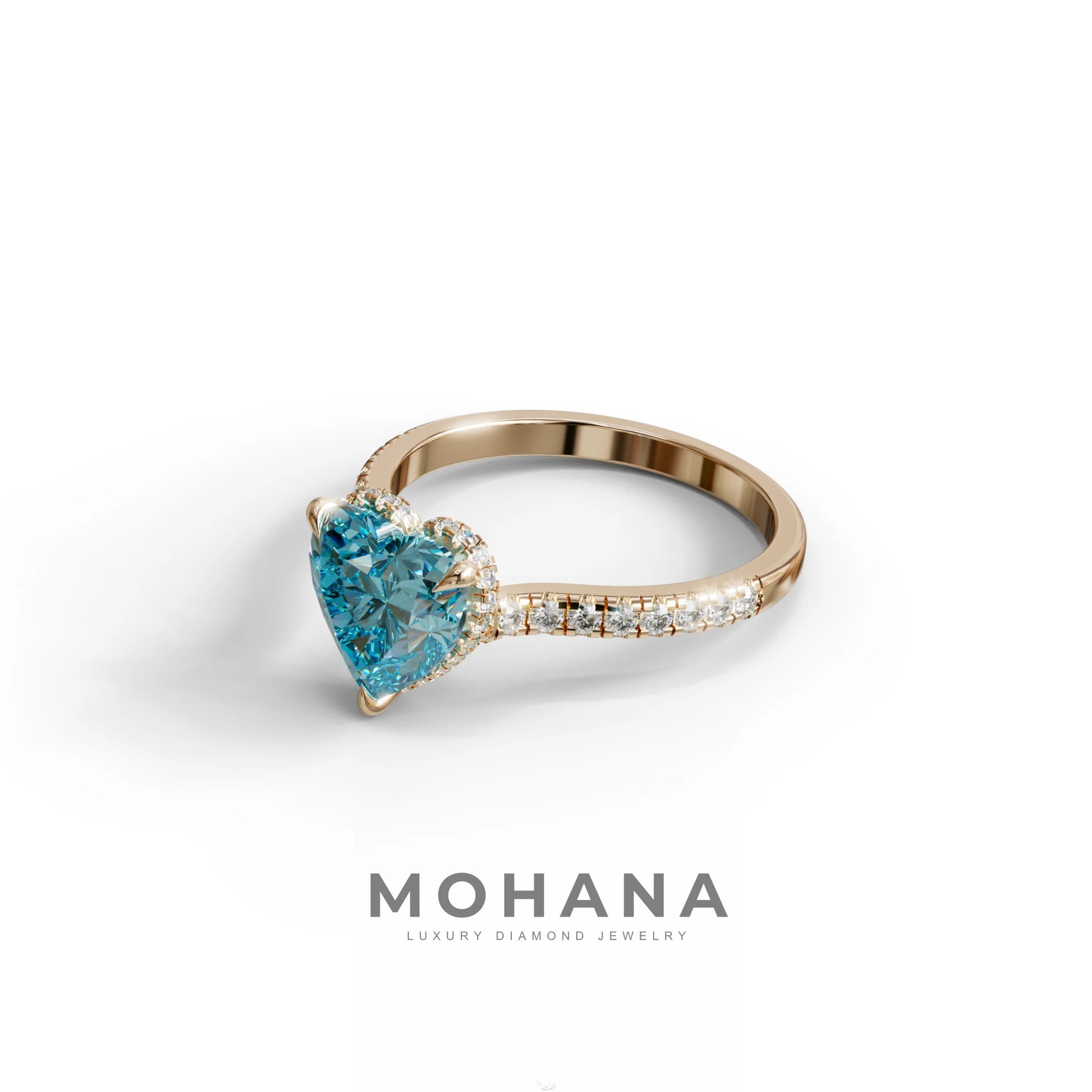 Heart Shaped Blue Diamond Engagement Ring – Lab Grown Pavé Solitaire in 14K Gold