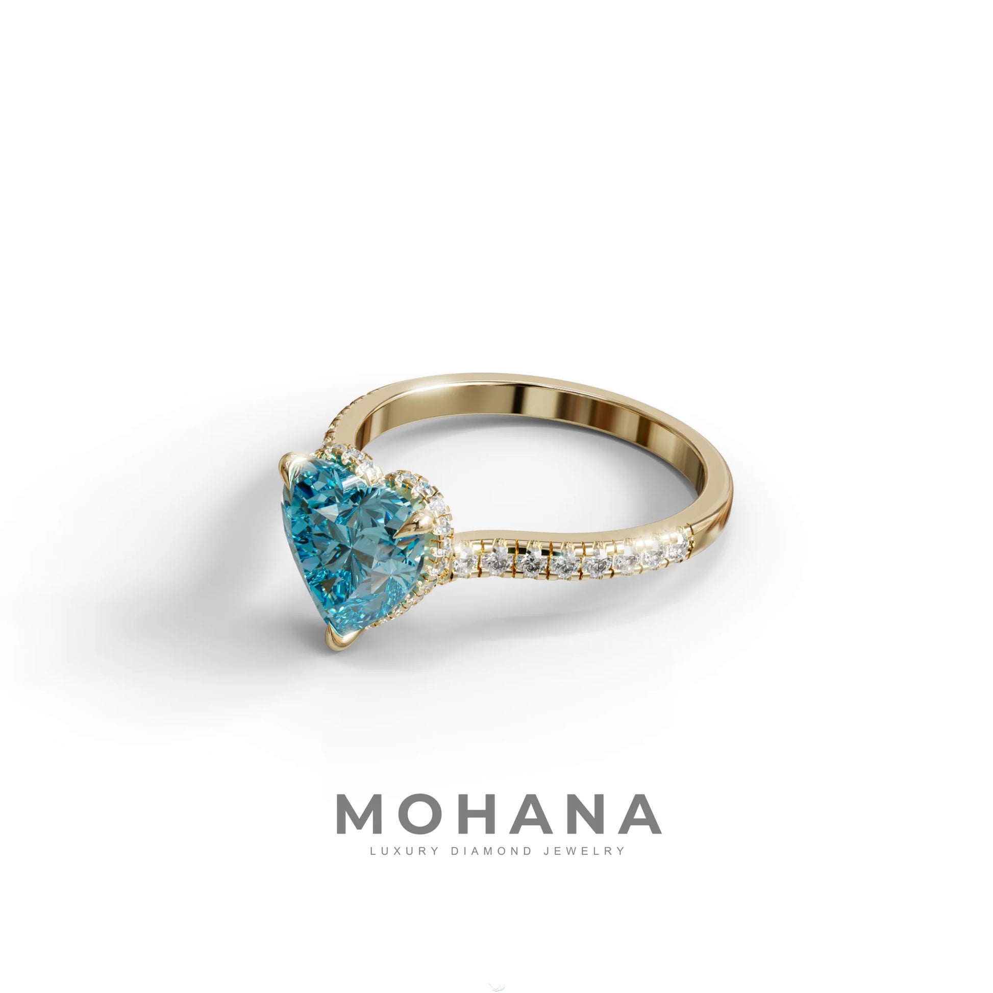 Heart Shaped Blue Diamond Engagement Ring – Lab Grown Pavé Solitaire in 14K Gold