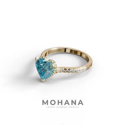 Heart Shaped Blue Diamond Engagement Ring – Lab Grown Pavé Solitaire in 14K Gold