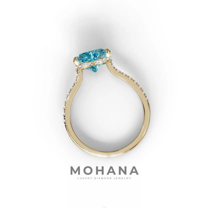 Heart Shaped Blue Diamond Engagement Ring – Lab Grown Pavé Solitaire in 14K Gold