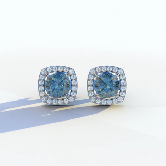 Kiara - Cushion Cut Blue Diamond Stud Earrings | Halo Earring Setting - 10K Solid Gold / White Gold