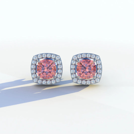 Kiara - Cushion Cut Pink Diamond Stud Earrings | Halo Earring Setting - 10K Solid Gold / White Gold