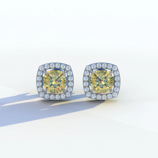 Kiara - Cushion Cut Yellow Diamond Stud Earrings | Halo Earring Setting - 10K Solid Gold / White Gold