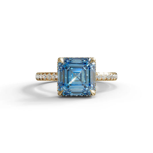 3.5 Carat Blue Asscher‑Cut Lab Diamond Engagement Ring with Halo and Pavé Accents - 10K Solid Gold / Yellow Gold