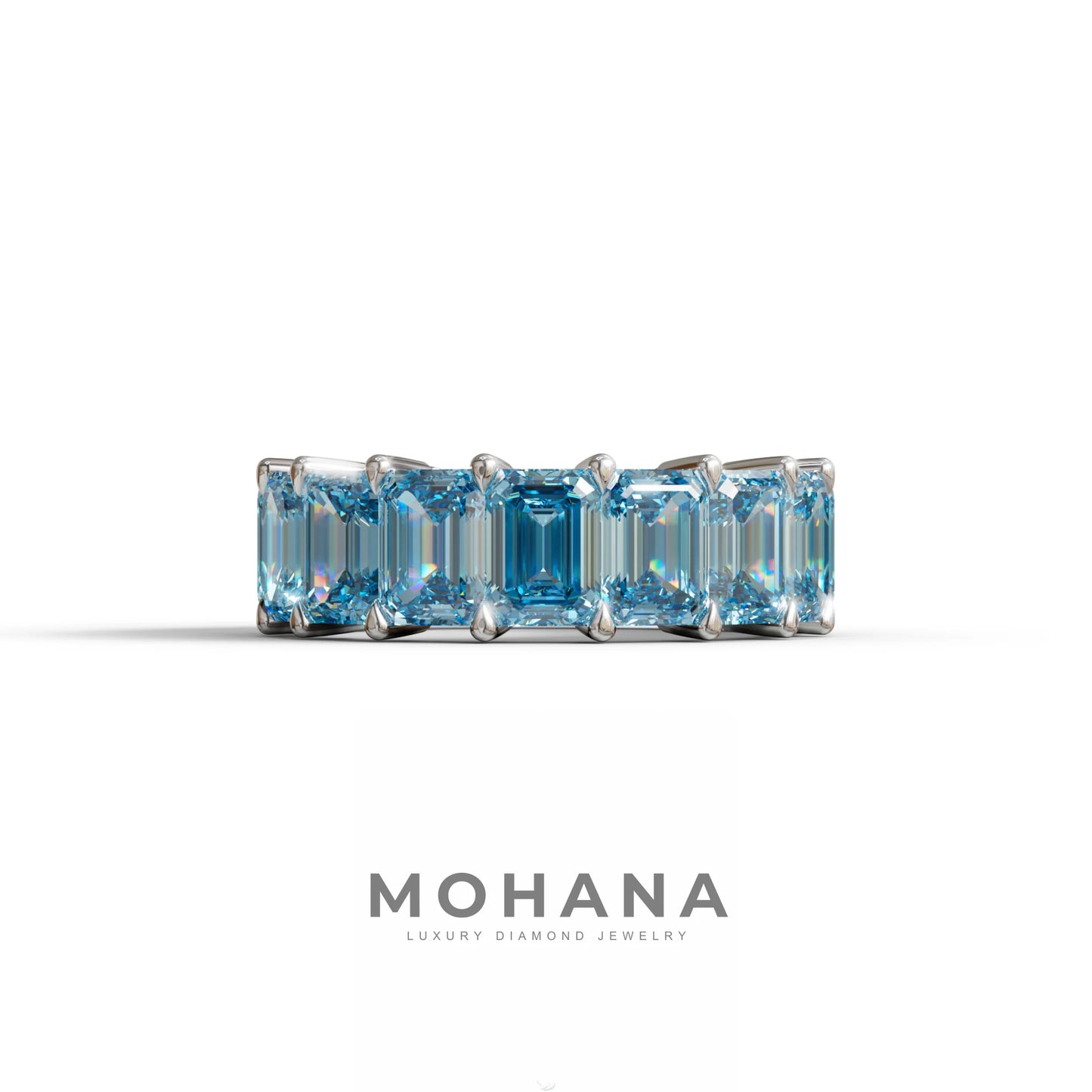 Lab‑Grown Blue Emerald‑Cut Diamond Band – Classic Full‑Eternity Style - 10K Solid Gold / White Gold