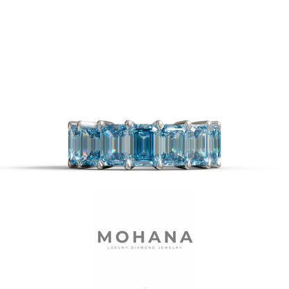 Lab‑Grown Blue Emerald‑Cut Diamond Band – Classic Full‑Eternity Style - 10K Solid Gold / White Gold