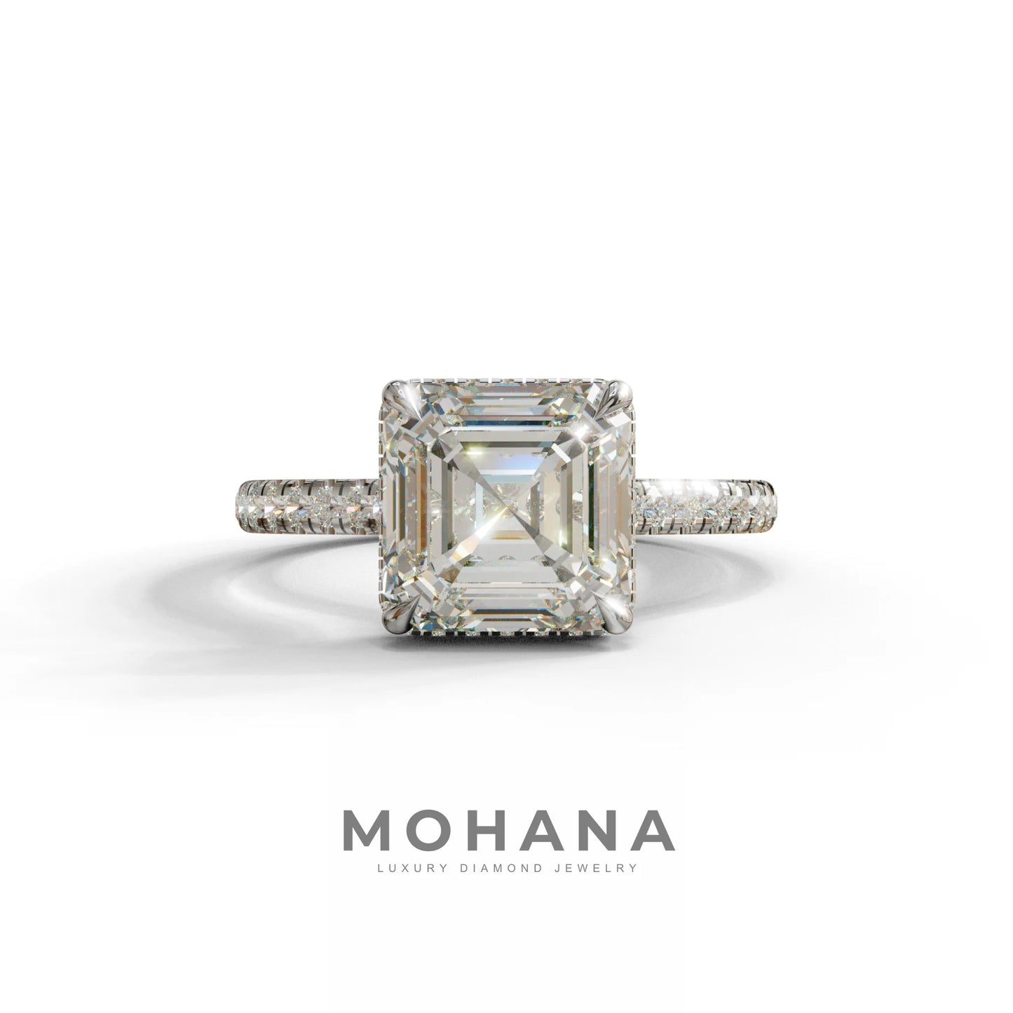 3.5 Carat E-VVS Asscher‑Cut Lab Diamond Engagement Ring with Halo and Pavé Accents - 10K Solid Gold / White Gold