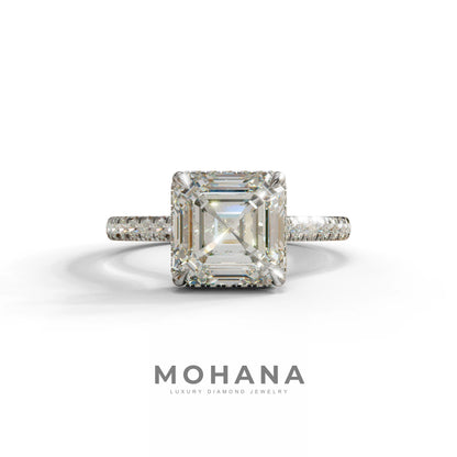 3.5 Carat E-VVS Asscher‑Cut Lab Diamond Engagement Ring with Halo and Pavé Accents - 10K Solid Gold / White Gold