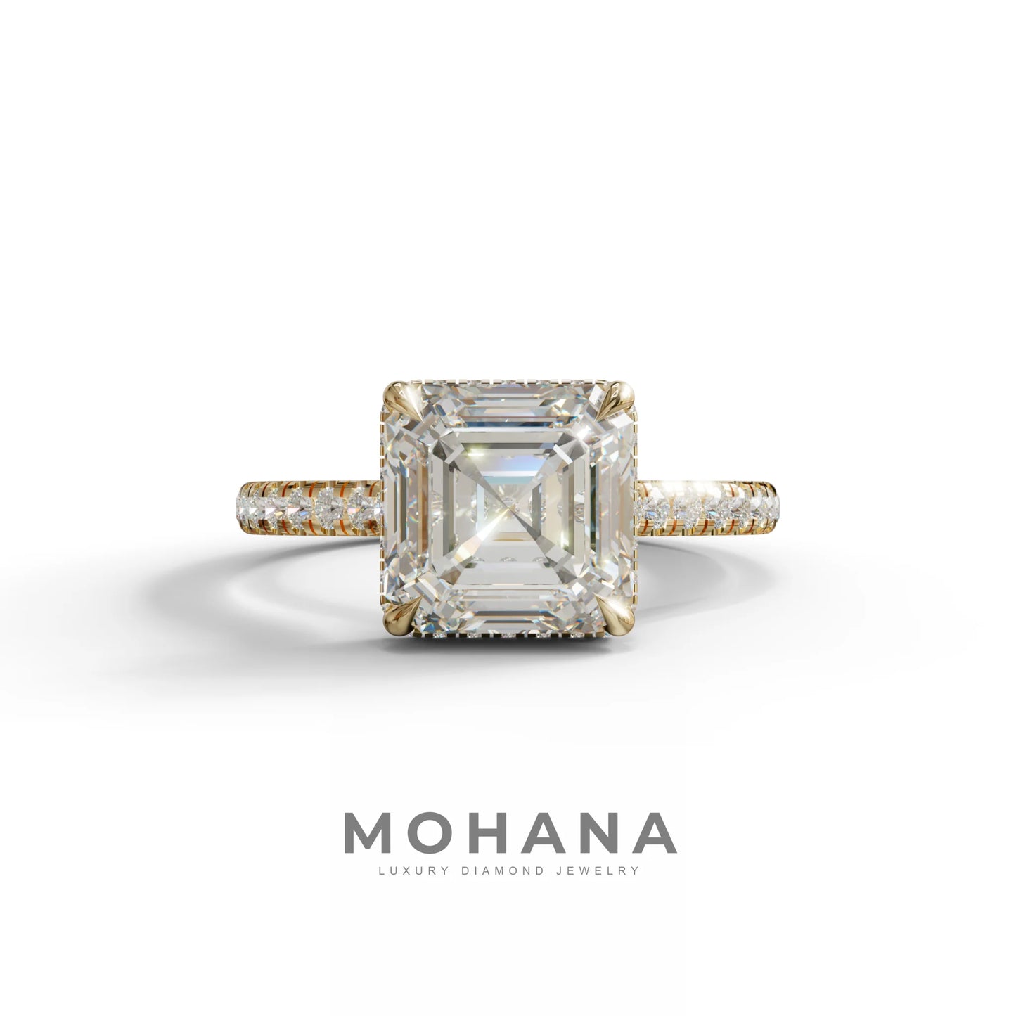 3.5 Carat E-VVS Asscher‑Cut Lab Diamond Engagement Ring with Halo and Pavé Accents - 10K Solid Gold / Yellow Gold