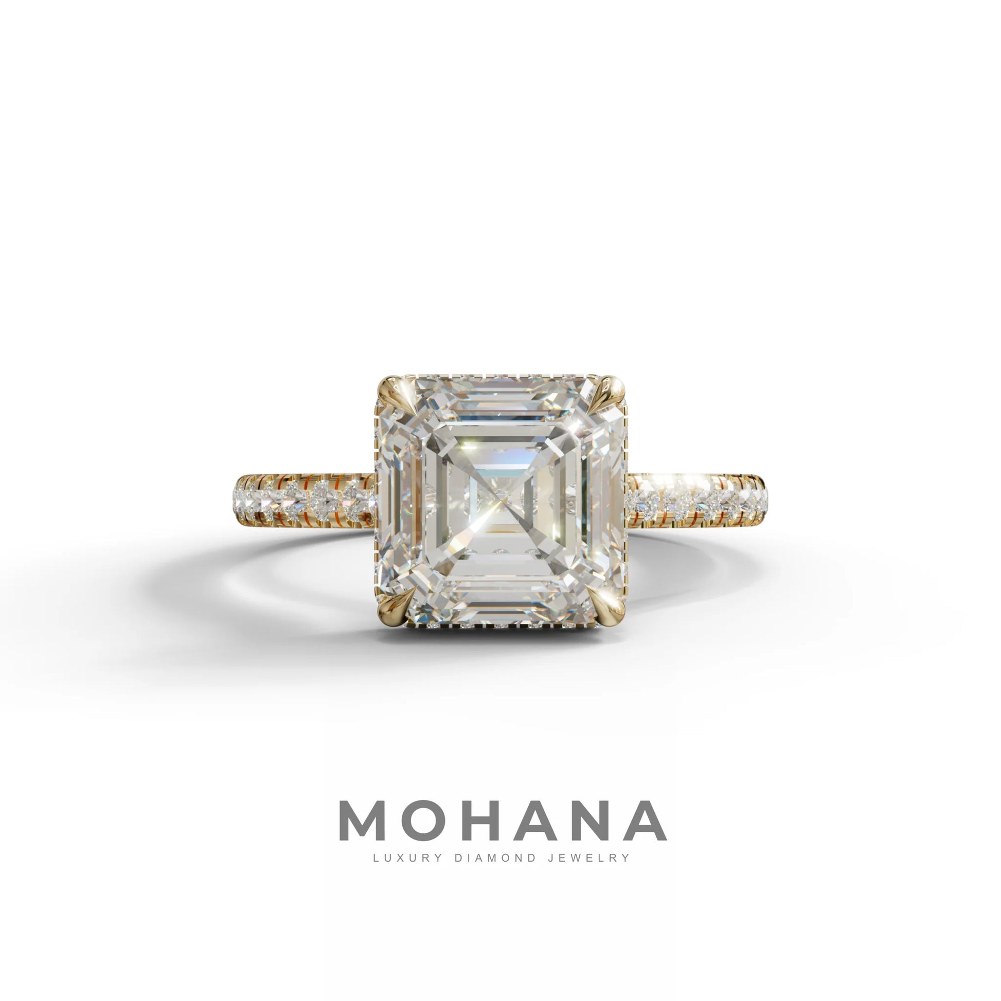 3.5 Carat E-VVS Asscher‑Cut Lab Diamond Engagement Ring with Halo and Pavé Accents - 10K Solid Gold / Yellow Gold