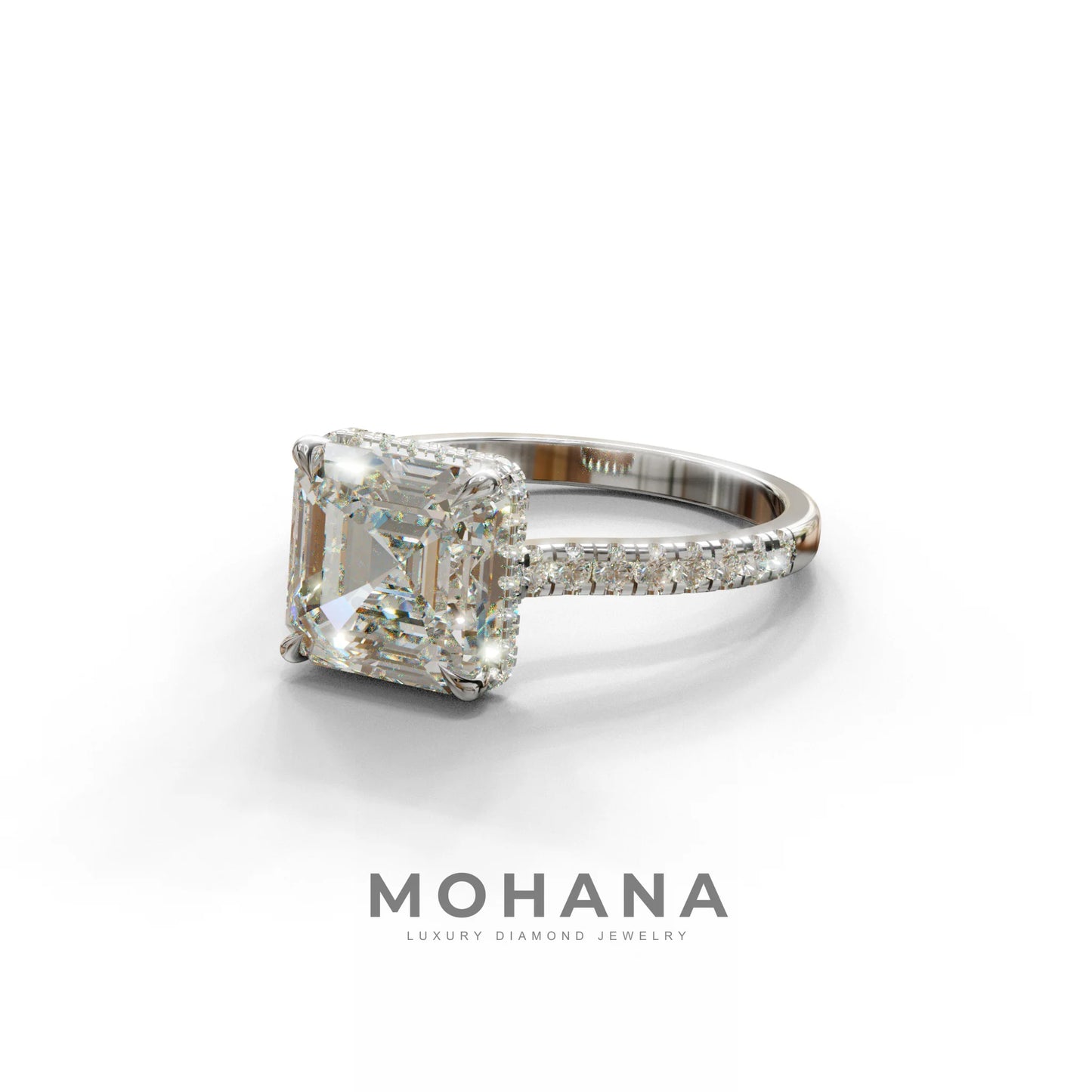 3.5 Carat E-VVS Asscher‑Cut Lab Diamond Engagement Ring with Halo and Pavé Accents