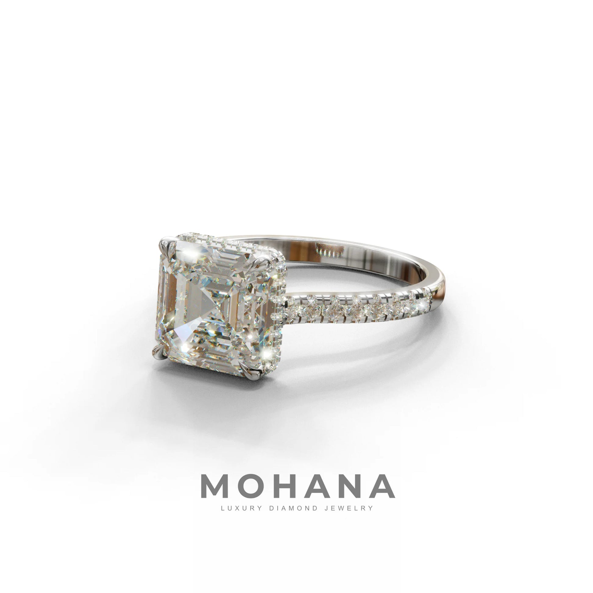 3.5 Carat E-VVS Asscher‑Cut Lab Diamond Engagement Ring with Halo and Pavé Accents