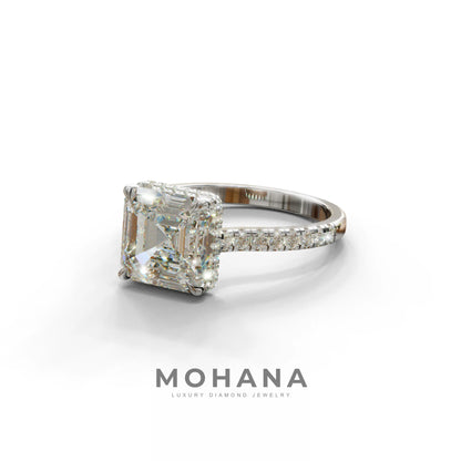 3.5 Carat E-VVS Asscher‑Cut Lab Diamond Engagement Ring with Halo and Pavé Accents