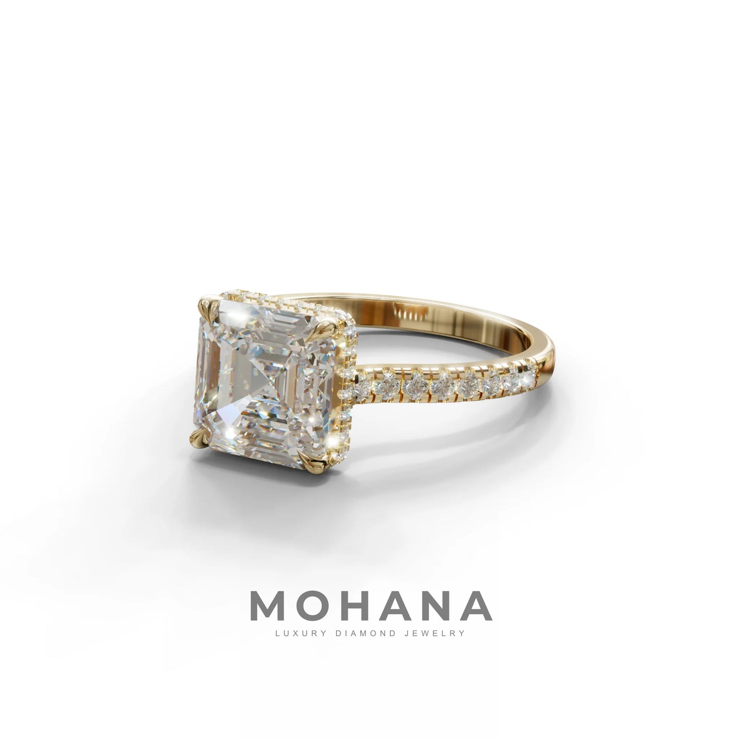 3.5 Carat E-VVS Asscher‑Cut Lab Diamond Engagement Ring with Halo and Pavé Accents