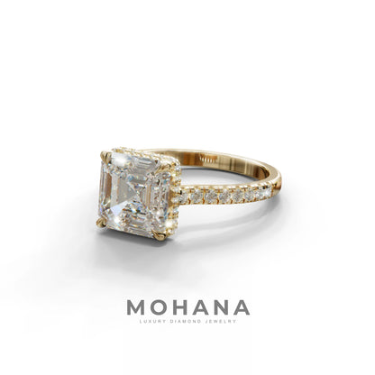 3.5 Carat E-VVS Asscher‑Cut Lab Diamond Engagement Ring with Halo and Pavé Accents