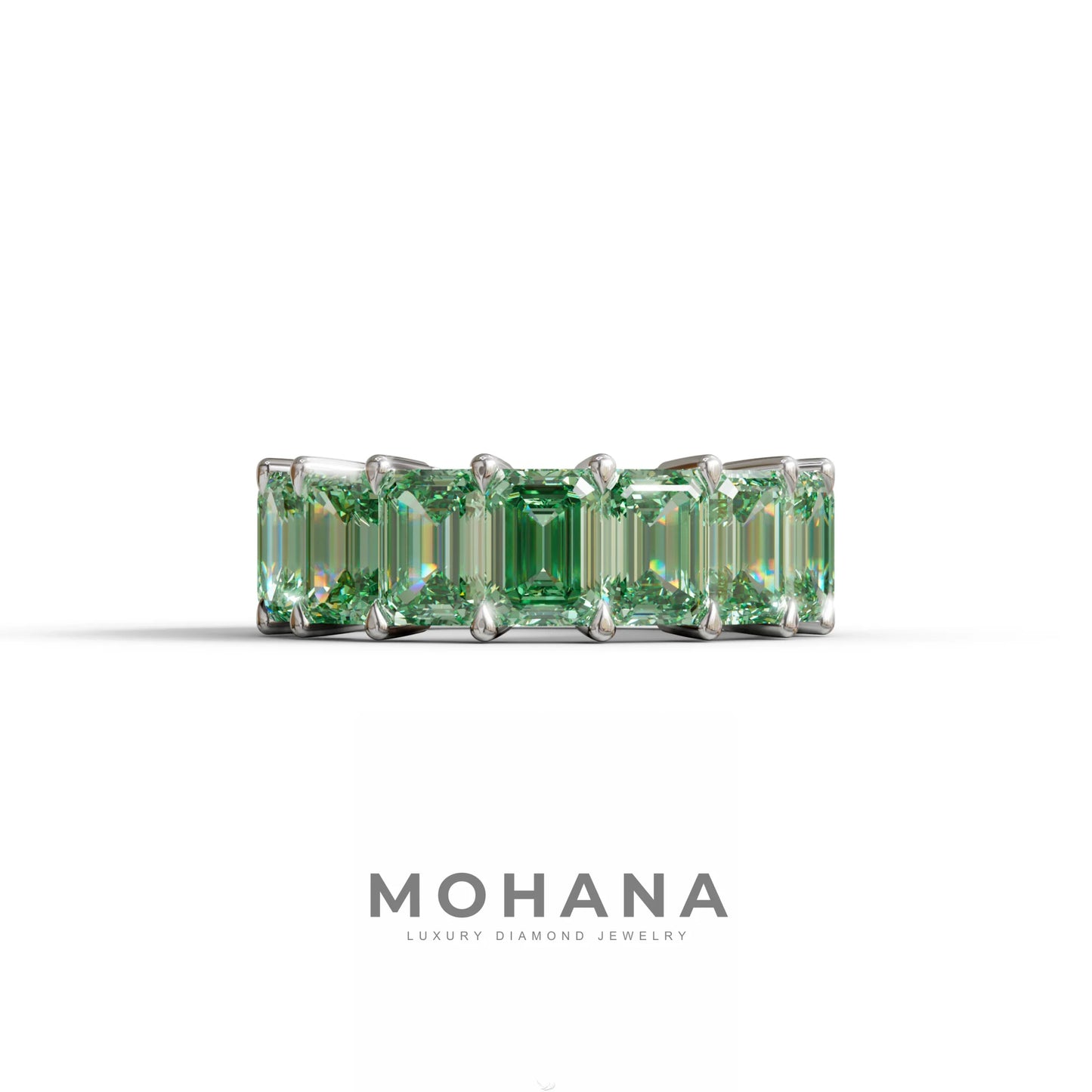 Lab‑Grown Green Emerald‑Cut Diamond Band – Classic Full‑Eternity Style - 10K Solid Gold / White Gold