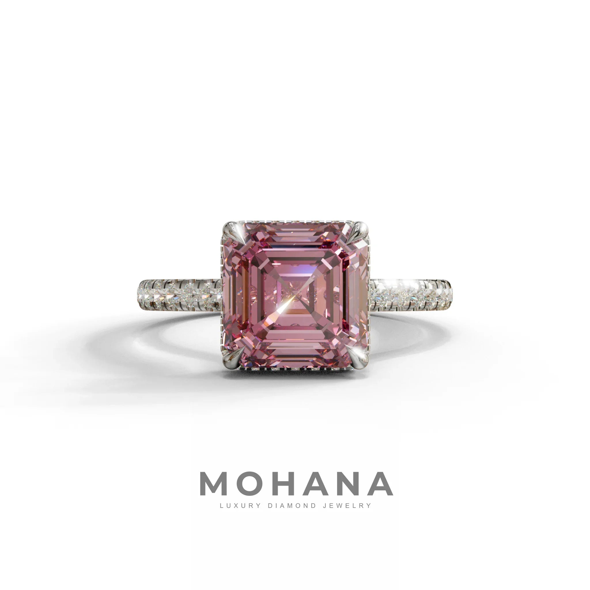 3.5 Carat Pink Asscher‑Cut Lab Diamond Engagement Ring with Halo and Pavé Accents - 10K Solid Gold / White Gold