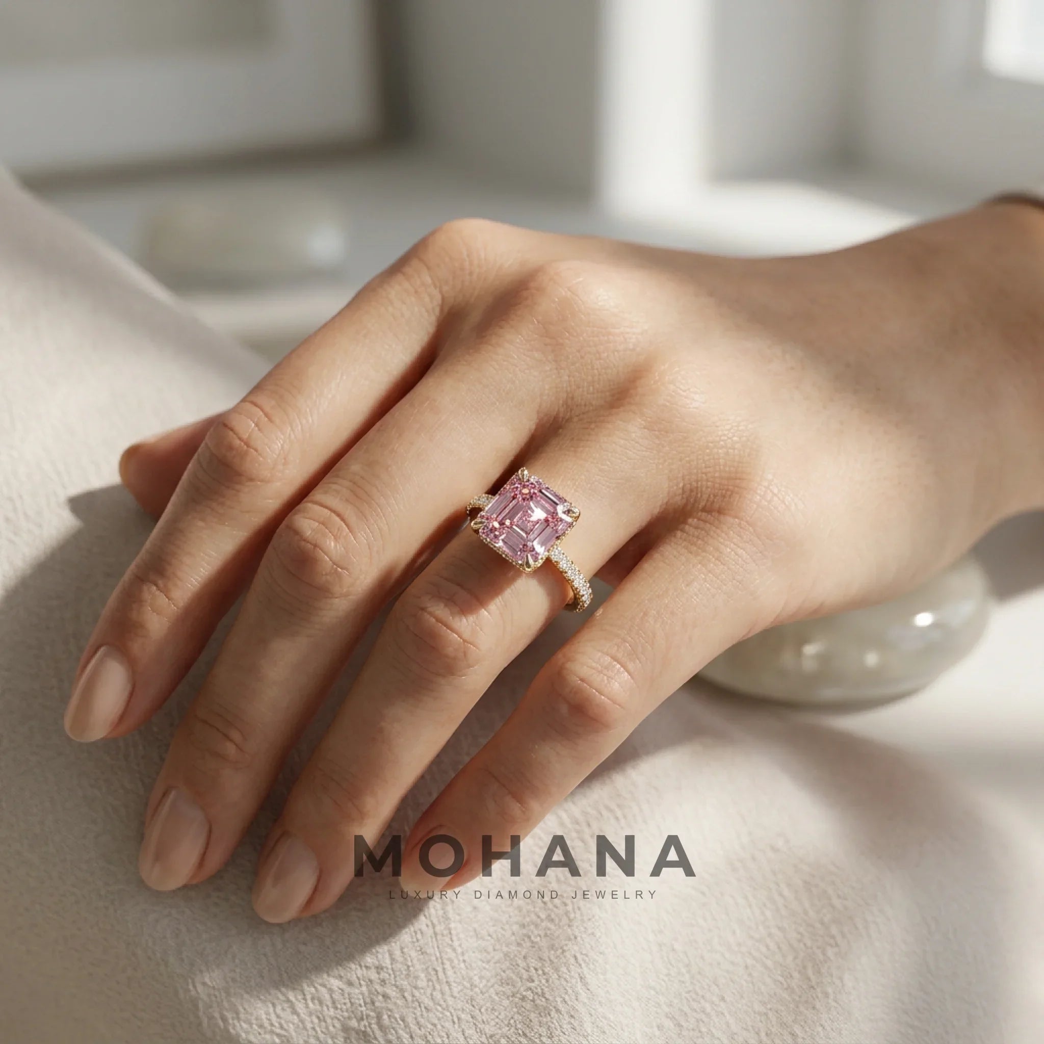 Lab-Grown Pink Asscher-Cut Diamond Halo Engagement Ring | 3.5 CT