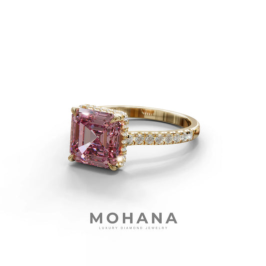 3.5 Carat Pink Asscher‑Cut Lab Diamond Engagement Ring with Halo and Pavé Accents