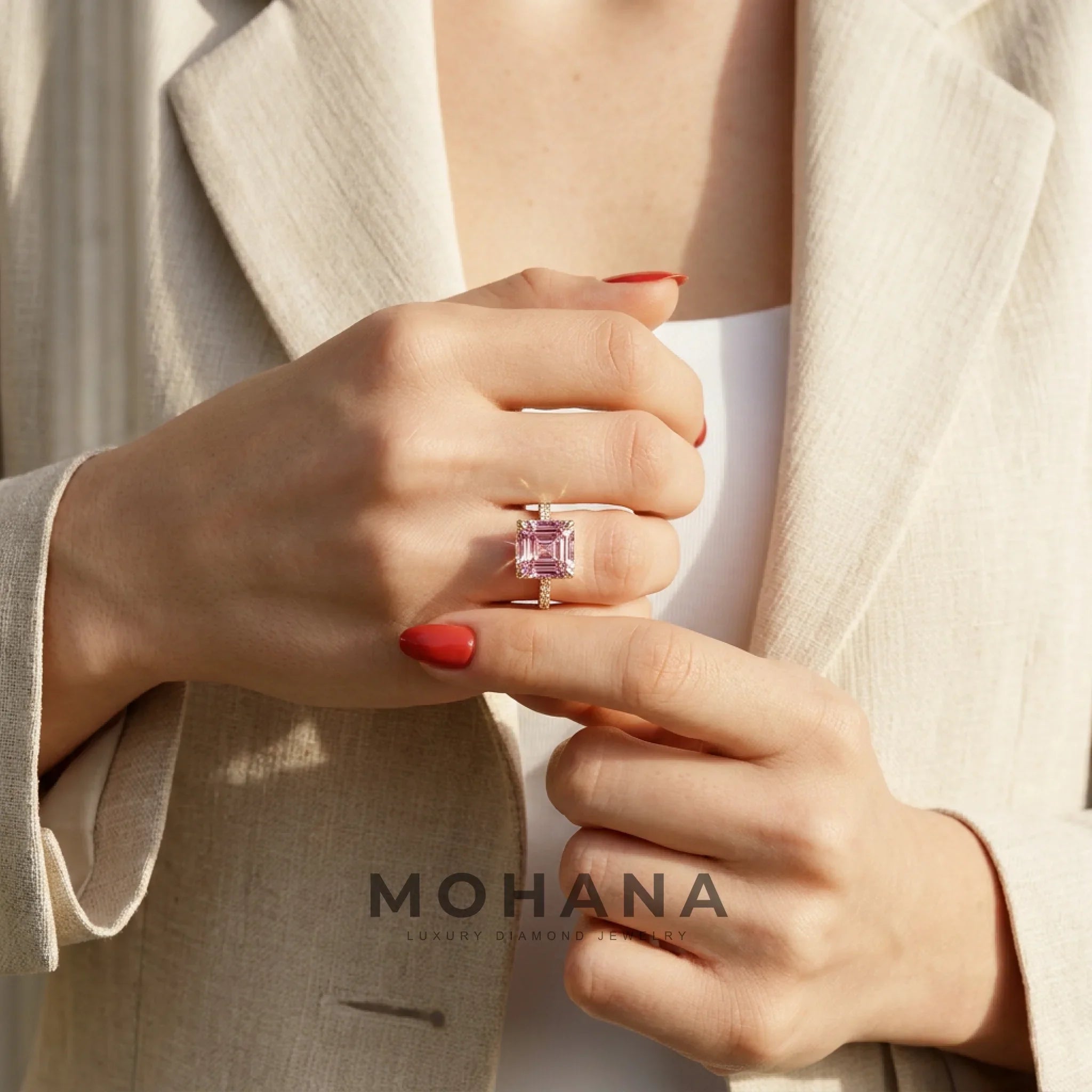Lab-Grown Pink Asscher-Cut Diamond Halo Engagement Ring | 3.5 CT