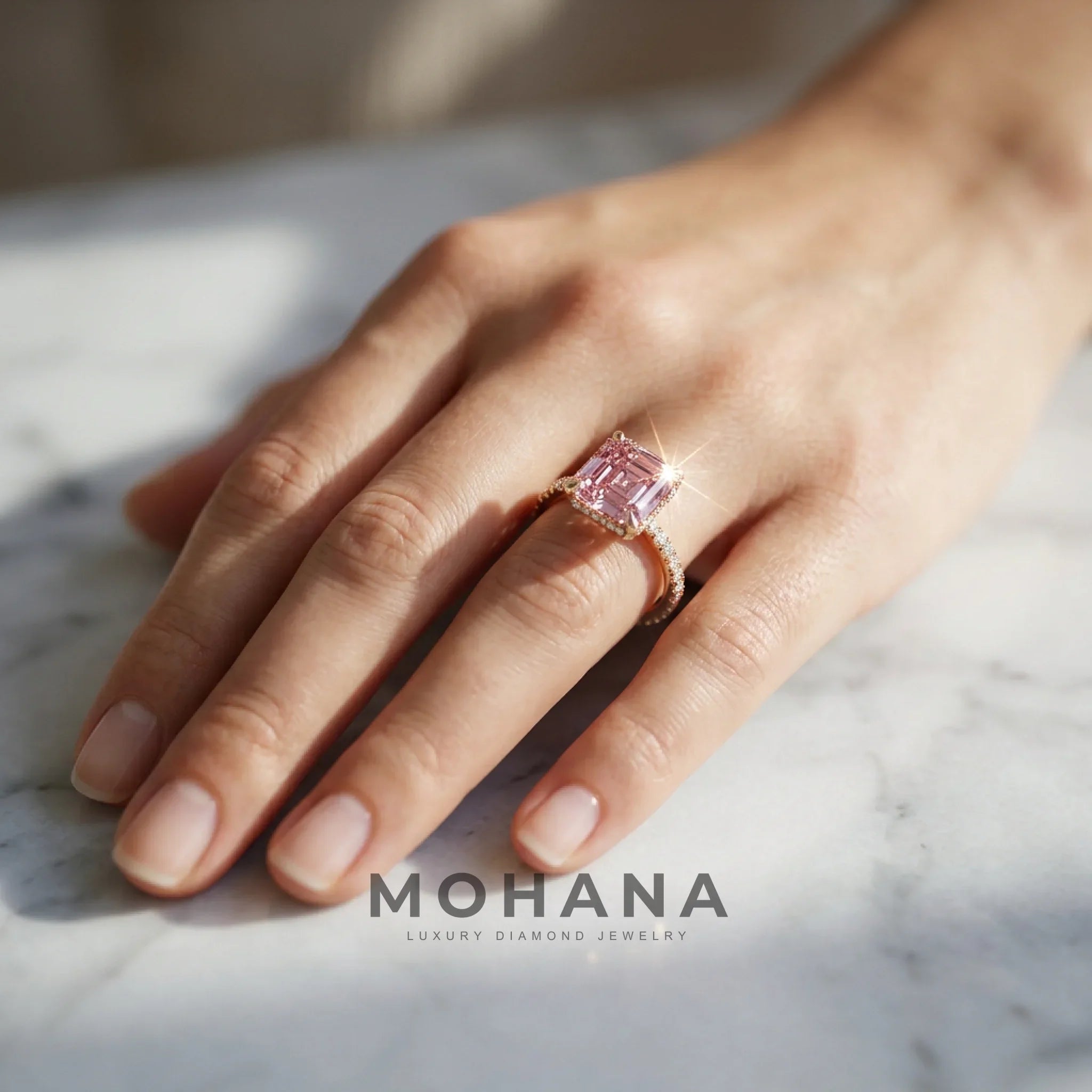 Lab-Grown Pink Asscher-Cut Diamond Halo Engagement Ring | 3.5 CT